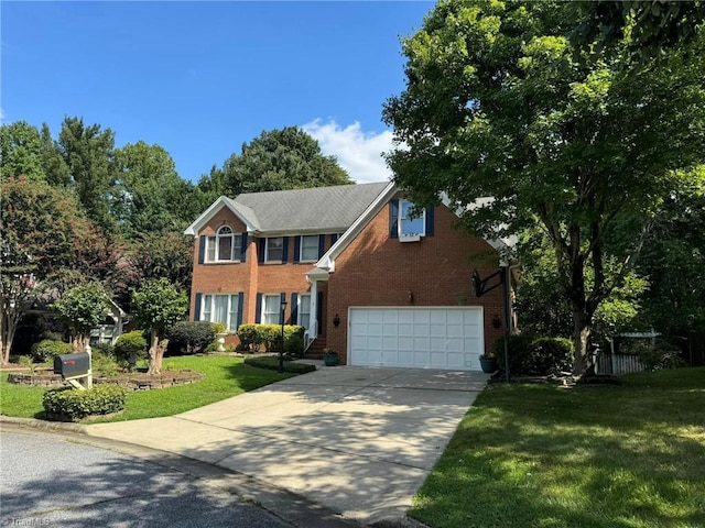 colonial house featuring brick siding, an attached garage, concrete driveway, and a front lawn