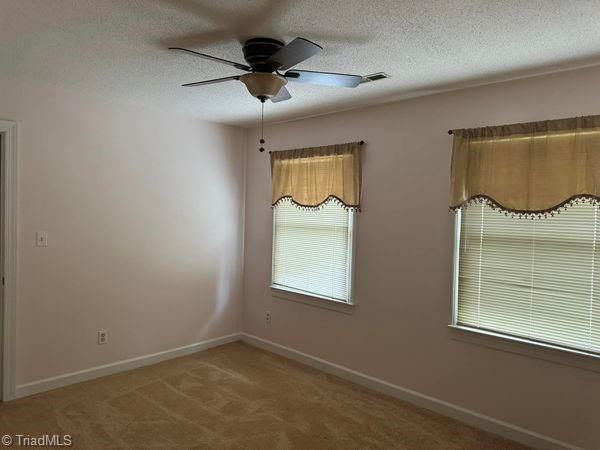 spare room with baseboards, carpet, ceiling fan, and a textured ceiling