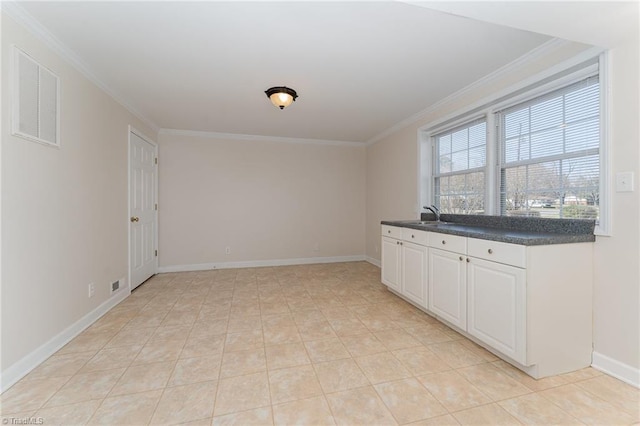 interior space featuring crown molding, baseboards, visible vents, and a sink