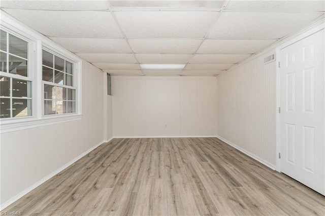 spare room featuring visible vents, a paneled ceiling, and wood finished floors