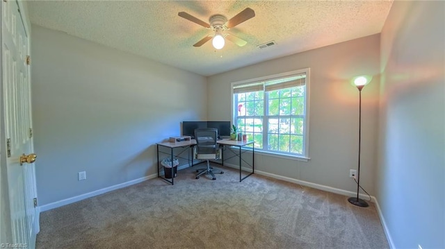 2309 Kasarda Dr, Greensboro, NC 27406 - office area featuring a textured ceiling, carpet, a ceiling fan, and baseboards