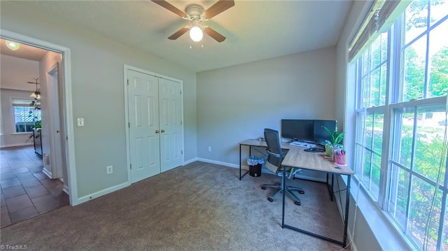 2309 Kasarda Dr, Greensboro, NC 27406 - carpeted home office with a ceiling fan and baseboards
