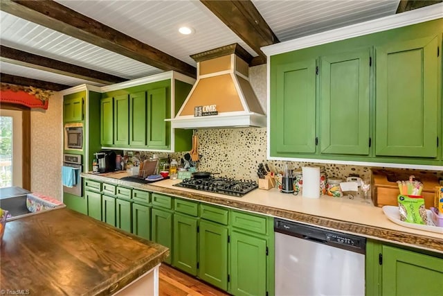 2606 Boone Trl, North Wilkesboro, NC 28659 - kitchen featuring appliances with stainless steel finishes, premium range hood, beam ceiling, decorative backsplash, and light wood-style floors