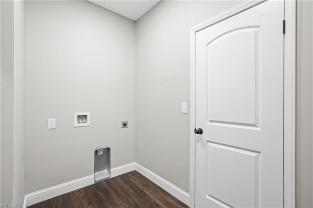 clothes washing area with electric dryer hookup, hookup for a washing machine, and dark wood-type flooring