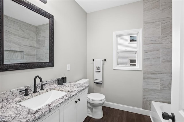 bathroom featuring wood-type flooring, vanity, and toilet