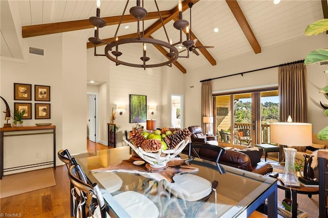 dining room with beamed ceiling, hardwood / wood-style floors, high vaulted ceiling, and wood ceiling