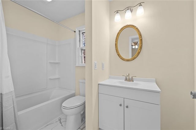 full bathroom with shower / tub combo with curtain, vanity, and toilet