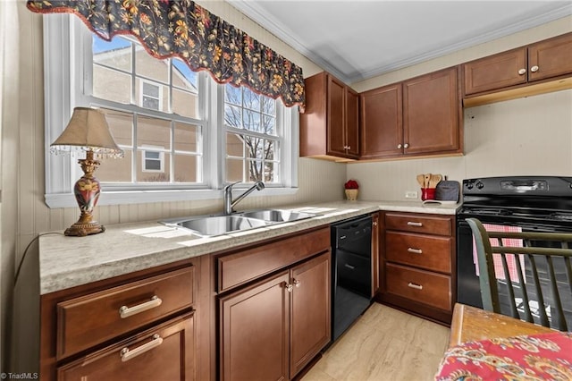 kitchen with a sink, marble finish floor, light countertops, brown cabinets, and black appliances