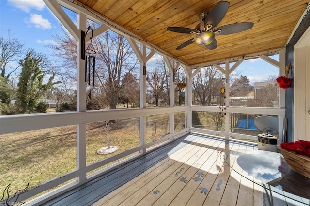 sunroom / solarium featuring wood ceiling and a ceiling fan