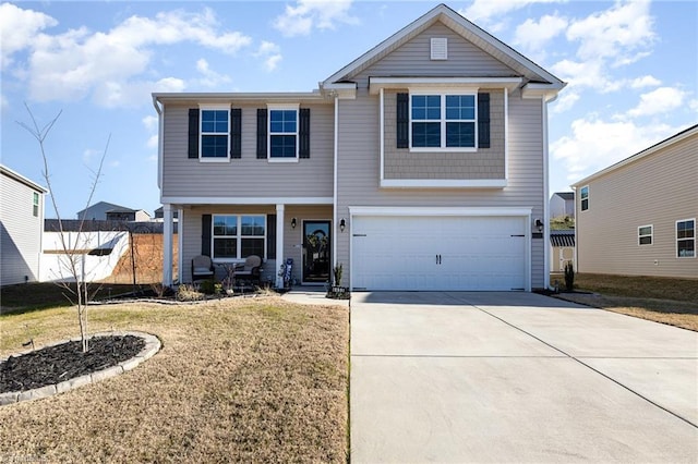 view of front facade with a front lawn, driveway, a porch, fence, and an attached garage