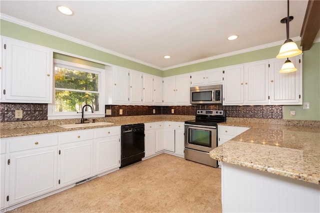 kitchen featuring sink, appliances with stainless steel finishes, hanging light fixtures, white cabinets, and decorative backsplash