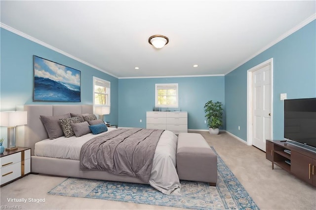 carpeted bedroom with ornamental molding