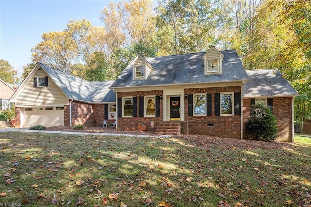 cape cod house with a garage and a front lawn