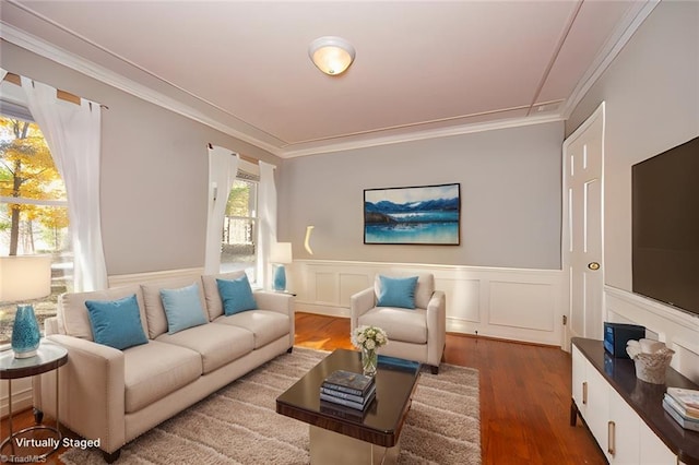 living room with crown molding and dark hardwood / wood-style flooring