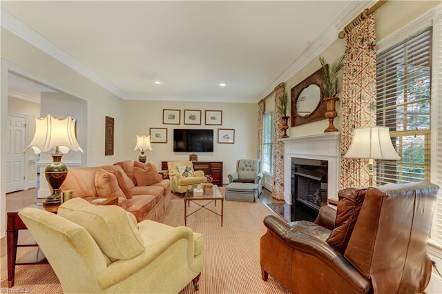 3612 Camden Falls Cir, Greensboro, NC 27410 - living area with a fireplace with flush hearth, ornamental molding, and recessed lighting