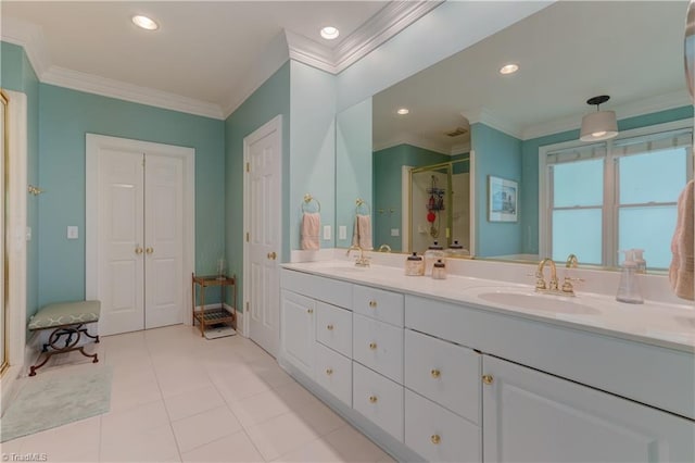 3612 Camden Falls Cir, Greensboro, NC 27410 - bathroom with ornamental molding, a shower stall, double vanity, tile patterned flooring, and recessed lighting