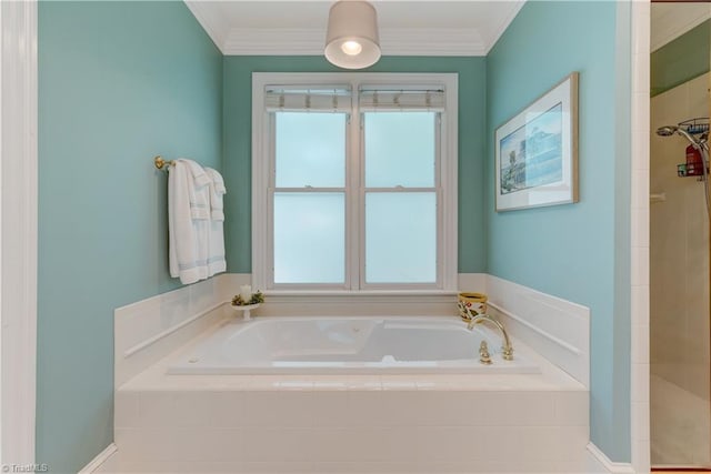 3612 Camden Falls Cir, Greensboro, NC 27410 - bathroom featuring a garden tub, tiled shower, and crown molding
