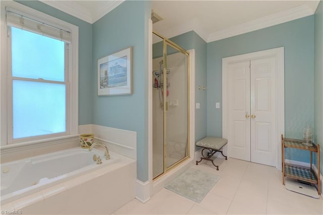 3612 Camden Falls Cir, Greensboro, NC 27410 - bathroom with a shower stall, a garden tub, and ornamental molding