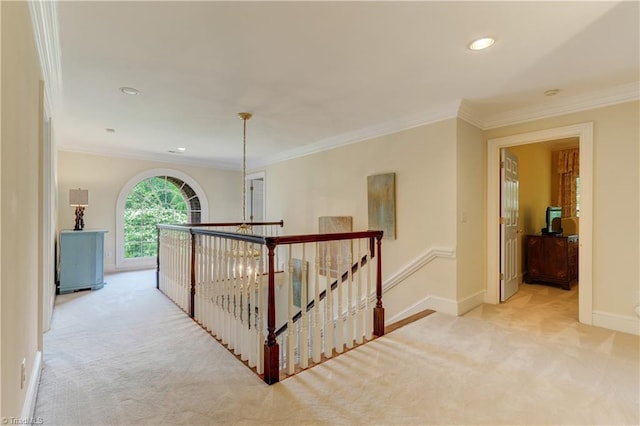 3612 Camden Falls Cir, Greensboro, NC 27410 - hallway featuring an upstairs landing, carpet flooring, ornamental molding, and recessed lighting