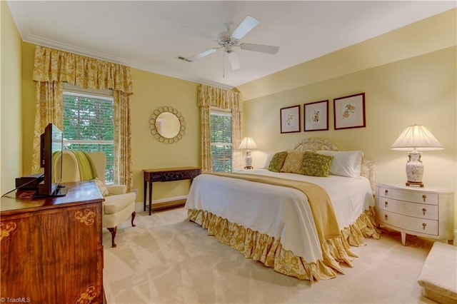 3612 Camden Falls Cir, Greensboro, NC 27410 - bedroom with light colored carpet, crown molding, and ceiling fan