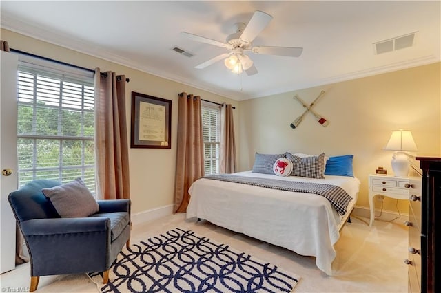 3612 Camden Falls Cir, Greensboro, NC 27410 - bedroom featuring light colored carpet, ornamental molding, and a ceiling fan