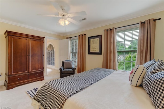 3612 Camden Falls Cir, Greensboro, NC 27410 - bedroom with crown molding, a ceiling fan, and light carpet