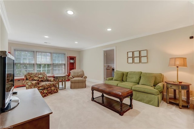3612 Camden Falls Cir, Greensboro, NC 27410 - living room with crown molding, recessed lighting, and light colored carpet