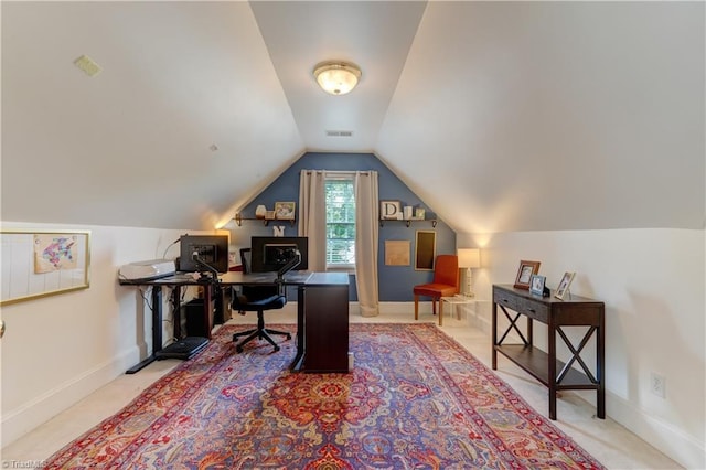 3612 Camden Falls Cir, Greensboro, NC 27410 - carpeted home office with lofted ceiling and baseboards
