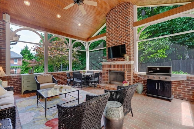 3612 Camden Falls Cir, Greensboro, NC 27410 - view of patio featuring a grill, an outdoor living space with a fireplace, outdoor dining area, and ceiling fan