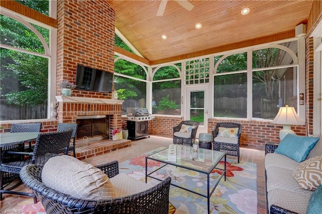 3612 Camden Falls Cir, Greensboro, NC 27410 - sunroom / solarium with an outdoor living space with a fireplace, vaulted ceiling, and a ceiling fan