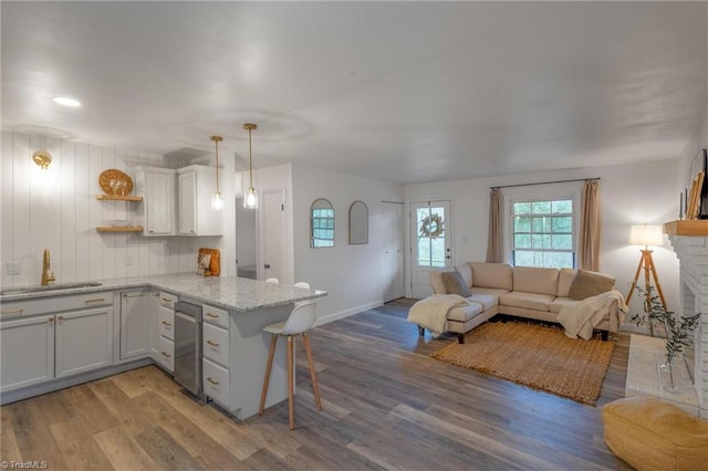 kitchen featuring a peninsula, wood finished floors, open floor plan, and a sink