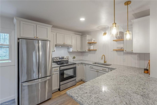 kitchen featuring light stone countertops, open shelves, a sink, under cabinet range hood, and appliances with stainless steel finishes