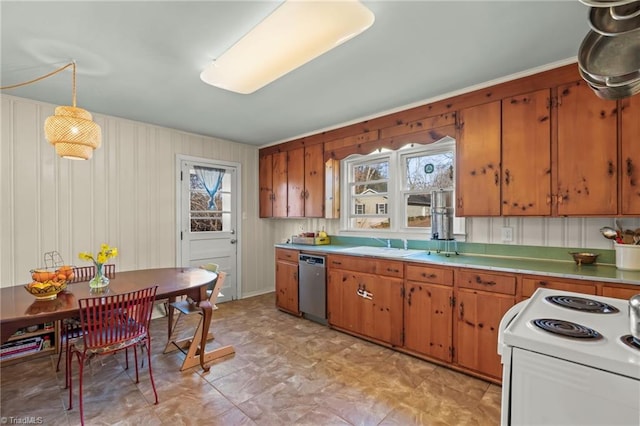 kitchen with white range with electric stovetop, light countertops, brown cabinetry, a sink, and dishwasher