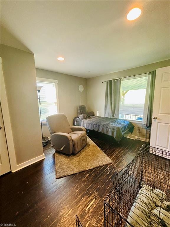 bedroom with dark hardwood / wood-style flooring, multiple windows, and pool table