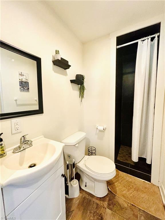 bathroom featuring curtained shower, vanity, and toilet