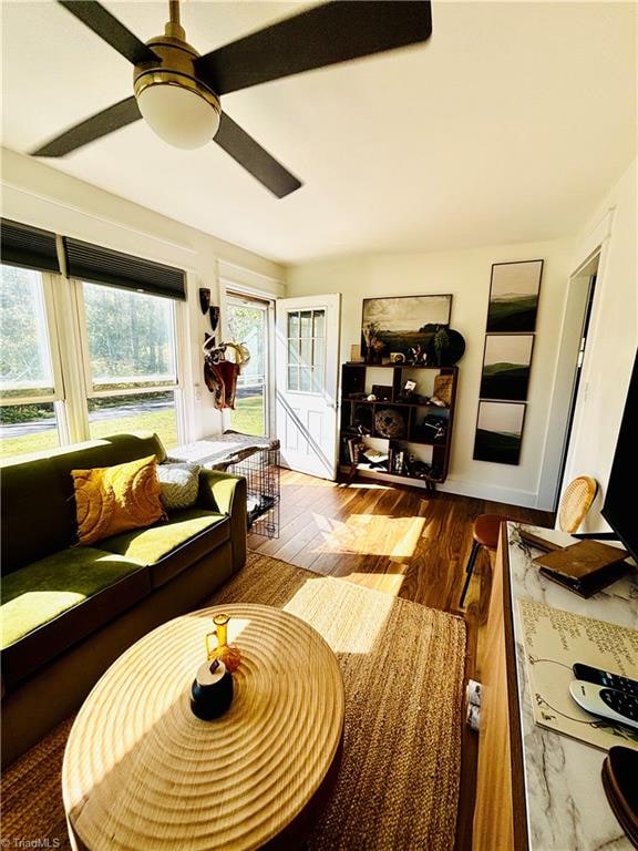 living room with hardwood / wood-style floors, plenty of natural light, and ceiling fan