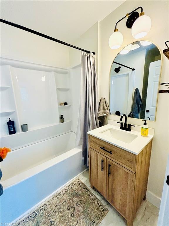 bathroom with shower / bath combination with curtain and vanity