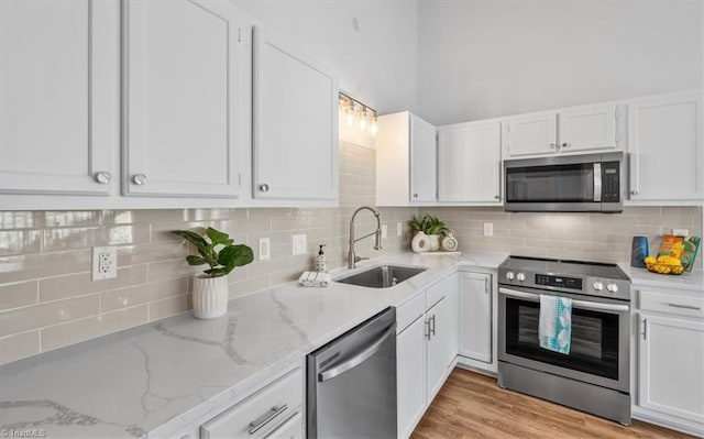 kitchen featuring decorative backsplash, appliances with stainless steel finishes, white cabinets, and a sink