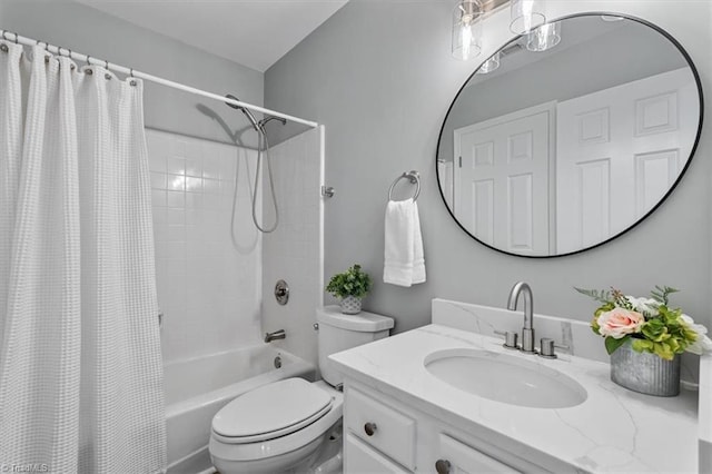 bathroom with toilet, shower / tub combo with curtain, and vanity