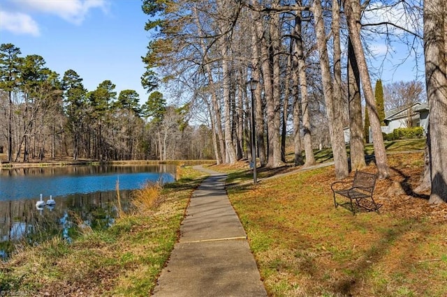 view of community with a water view and a view of trees