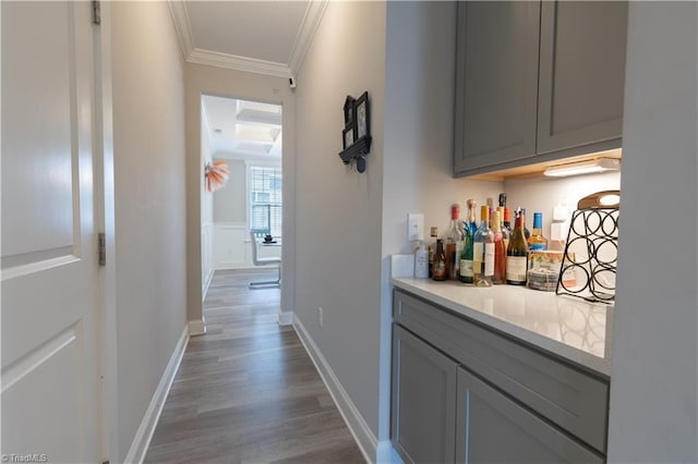 bar featuring ornamental molding, wainscoting, dark wood finished floors, and a dry bar