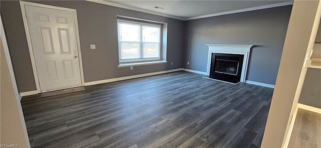 unfurnished living room with ornamental molding and dark wood-type flooring