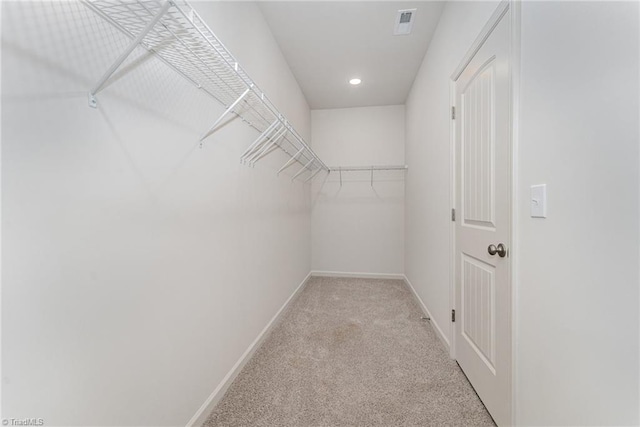 spacious closet featuring light colored carpet