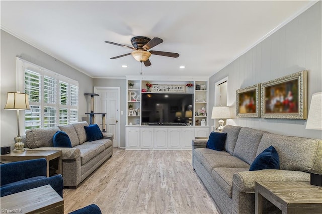 1317 Longcreek Dr, High Point, NC 27262 - living room featuring a ceiling fan, wood finished floors, crown molding, built in shelves, and recessed lighting