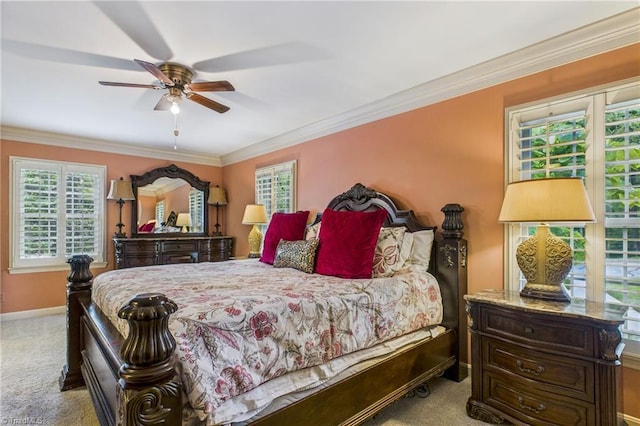 1317 Longcreek Dr, High Point, NC 27262 - bedroom with carpet flooring, baseboards, crown molding, and a ceiling fan