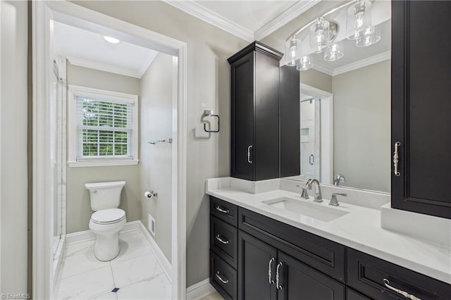 1317 Longcreek Dr, High Point, NC 27262 - bathroom featuring marble finish floors, toilet, vanity, baseboards, and crown molding