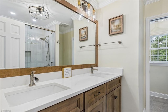1317 Longcreek Dr, High Point, NC 27262 - full bath with a stall shower, ornamental molding, double vanity, baseboards, and recessed lighting