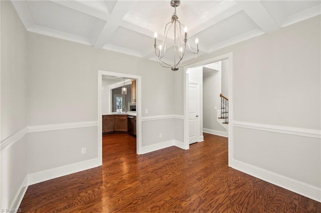 unfurnished dining area featuring a notable chandelier, dark wood-type flooring, coffered ceiling, baseboards, and stairs