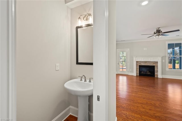 bathroom featuring a healthy amount of sunlight, baseboards, and wood finished floors