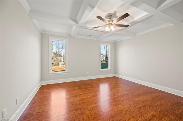 spare room with beam ceiling, a ceiling fan, wood finished floors, coffered ceiling, and baseboards